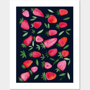 Watercolors strawberries - red and green on dark background Posters and Art